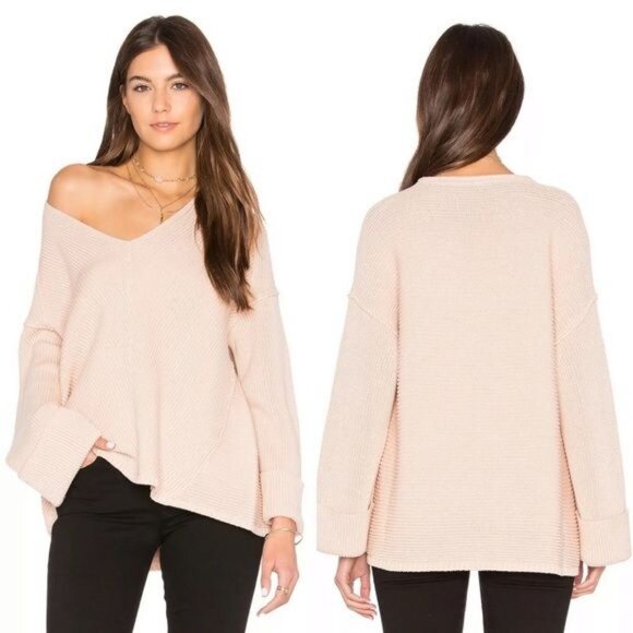 Free People‎ La Brea Oversized Ribbed V Neck Knit Sweater Size Small Blush Pink - Picture 1 of 7